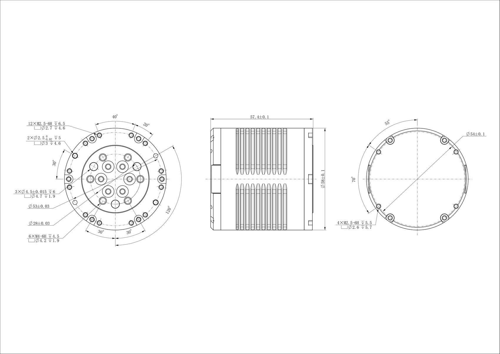 JM055 外形尺寸图,标注壳体直径 58 mm、高 57.4 mm、安装孔位与输出法兰尺寸